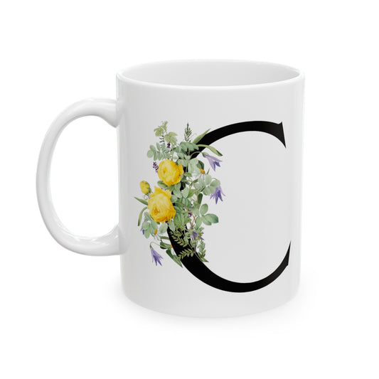 Monogram Coffee Mug in Letter "C" Black Letter with Water Color Florals 11oz,