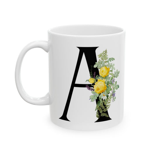 Monogram Coffee Mug in Letter "A" Black Letter with Water Color Florals 11oz,