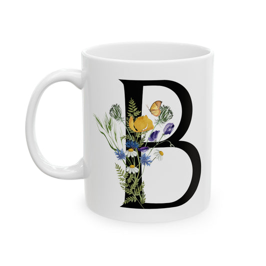 Monogram Coffee Mug in Letter "B" Black Letter with Water Color Florals 11oz,