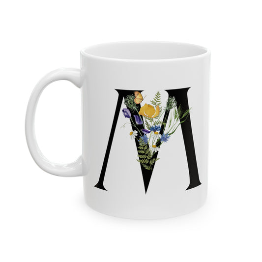 Monogram Coffee Mug in Letter "M" Black Letter with Water Color Florals 11oz,