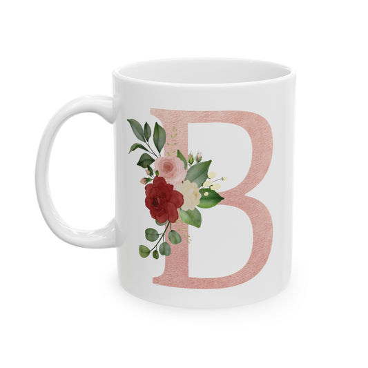 Monogram Coffee Mug in Letter "B" Pink Letter with Water Color Florals 11oz,