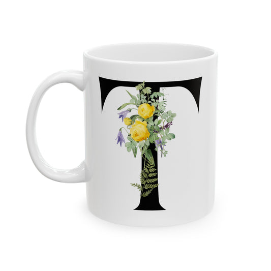 Monogram Coffee Mug in Letter "T" Black Letter with Water Color Florals 11oz,