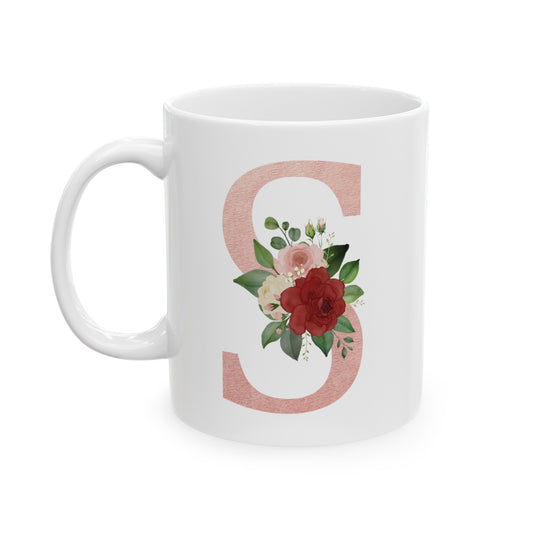 Monogram Coffee Mug in Letter "S" Pink Letter with Water Color Florals 11oz,